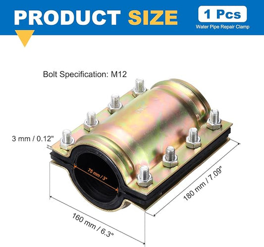 Water Pipe Repair Clamp, 7.09 Inch Length, 3 Inch ID Carbon Steel Leak Sealer Clamp, Leak Stoppers Pipe Repair Kit for 75mm OD PE PVC PPR Steel Iron Pipes