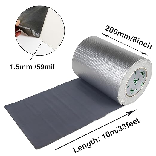 BOMEI PACK Butyl Tape, Waterproof 1.5mm x 8" W X 33'L, Multi-Use Leak Repair for Boat and Pipe Sealing, HVAC Ducts, Roof Crack, RV, Awning, Window Sealing, Upgraded Leak Proof Butyl, 1Pack