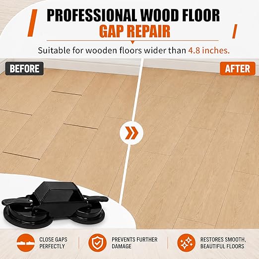 Floor Gap Fixer Tool with Suction Cup, Heavy Duty Floor Gap Repair Kit for Laminate, Floating, LVP, Vinyl Plank & Hardwood Flooring, Includes Rubber Mallet, Scrape, Gloves & 6 Reusable Pads
