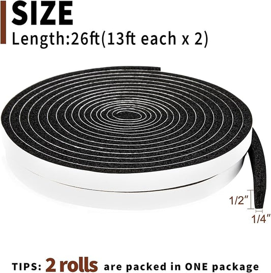 Yotache Open Cell Self-Adhesive Foam Seal Tape 1/2" x1/4", Weather Stripping for Door Insulation, Soundproof, Weatherstrip, 13 FT x 2Pcs