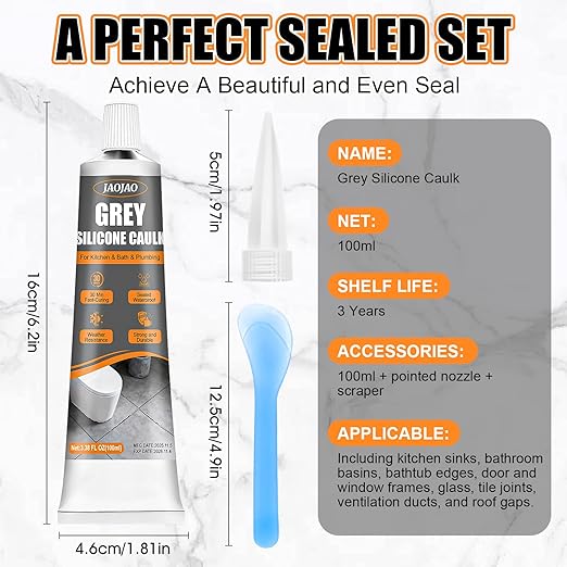 JAOJAO Gray Caulk, Waterproof Gray Silicone Caulk Excellent Adhesion Long-Lasting Flexibility Stable Performance Widely Applicable for Kitchen Sinks Bathrooms Doors and Windows, 100ml