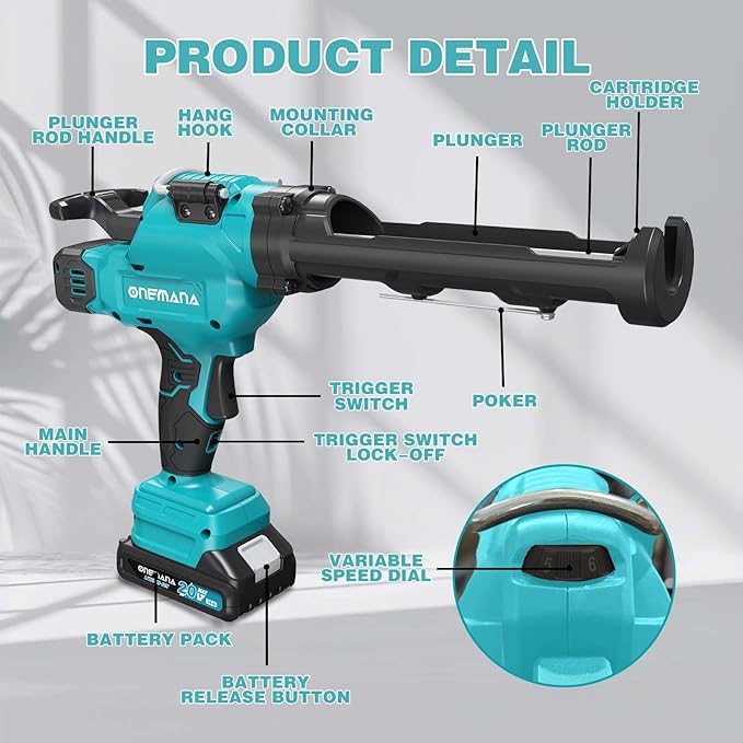 20V Caulking Gun Anti-drip Caulk Gun with 10oz/300ml Led Light Caulking Gun Tool 6 Adjustable Speeds Caulking Tool for Filling with Battery & Charger