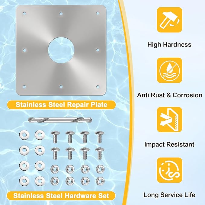 8x8-Inch Pool Water Return Repair Kit for Above Ground Pools Wall Repair Kit, Pool Skimmer Wall Repair Panel Kit with 2-3/8" Thru Hole, Drill Bit & Hardware for Rust at The Water Return Fitting