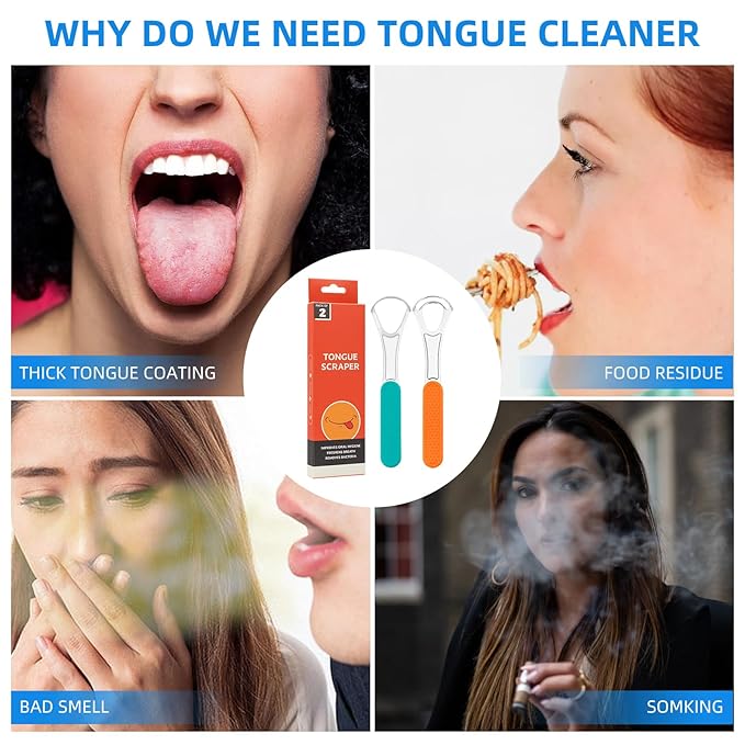 Stainless Steel Tongue Scraper for Adults, Double-Layer Tongue Cleaner for Bad Breath, Silicone Handle, Wide-Head Design, Dental Kit Oral Care Tools, Scrappers Tool (2 PCS)