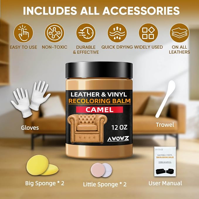 Leather Recoloring Balm, Leather Couch Repair Kit, Leather Restorer for Couches, Leather Scratch Repair, Leather Recoloring Balm for Faded & Scratched Leather Couches (Camel, 12 OZ)