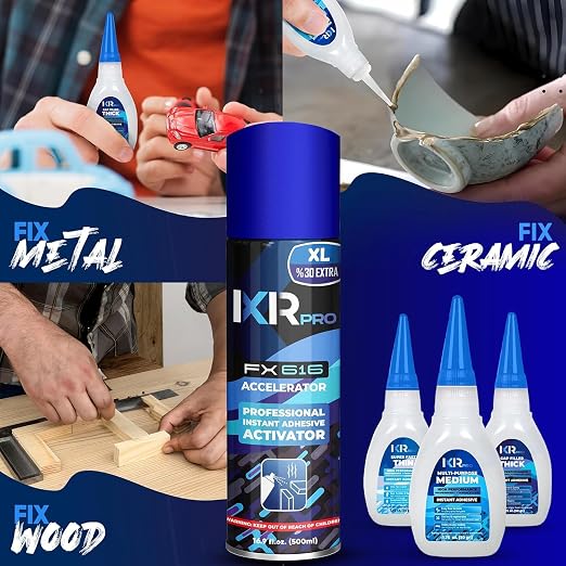 CA Glue with Activator Kit – 6 x 1.75 oz (Thin, Medium, Thick) + 2X 16.9 fl oz Accelerator Spray, Cyanoacrylate Super Glue for Woodworking, 3D Printing, Plastic, Guitar Repair & Hobby Projects