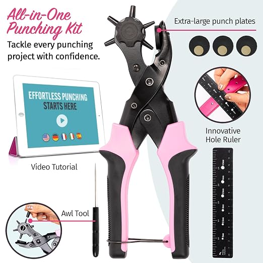 Pro-Master Belt Hole Puncher for Leather - Leather Punch Tool - 6 Multi-Size Rotary Heads 2-4.5mm - Double Leverage for Small Hands - Ideal for Watch Straps, Fabric, DIY Crafts - Crafting Kit - Pink