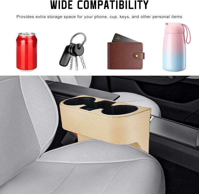 Car Cup Holder Gap Filler Organizer, Multifunctional Car Console Side Organizer with 2 Cup Holders, Leather Seat Gap Filler Portable Drink Holders Storage Box for Most Vehicles (Beige)