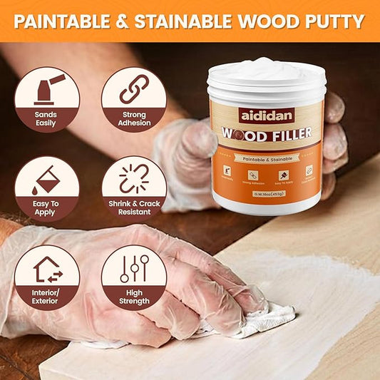Wood Filler, Wood Repair Kit, 16 Ounce Paintable & Stainable Wood Putty Filler, Wood Scratch Cracks Holes Repair Furniture, Exterior Wood Filler Water Resistant, Wood Putty (White)