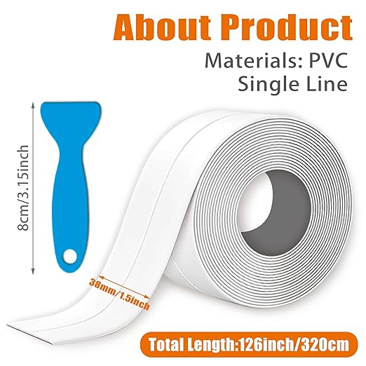 3 Pack White Caulk Tape, Bathroom Waterproof Accessories Caulking Tape,Self-Adhesive Sealing Tape for Kitchen Sink,Toilet, Bathtub Shower, Tub Floor Wall Edge Protector Strip, with Tool(1.5" x 10.5Ft)