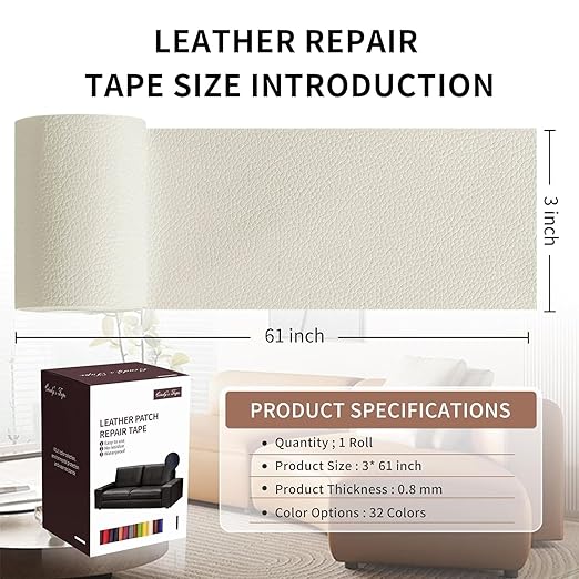 Leather Repair Patch Tape, Ivory 3 x 61 Inches Self Adhesive Leather Repair Kit for Furniture, Car Seat,Vinyl Leather Repair Kit for Office Chairs,Couch, Sofa, Luggage