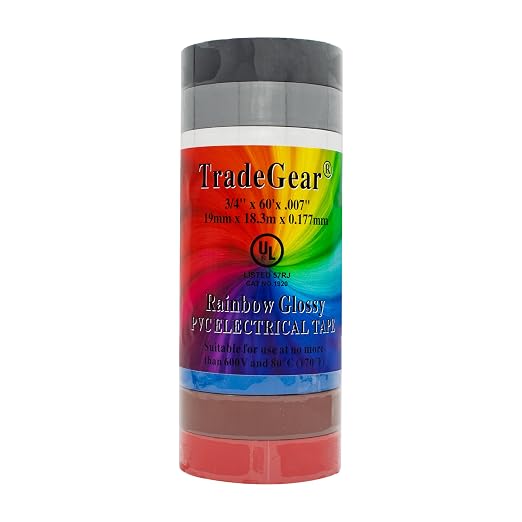 TradeGear Rainbow Glossy 10 Pack - UL Listed Colored Electrical Tape, 60 ft x 3/4 in, 600V, Flame Retardant, Waterproof, Rubber Adhesive - Phase Marking & Wire ID Kit