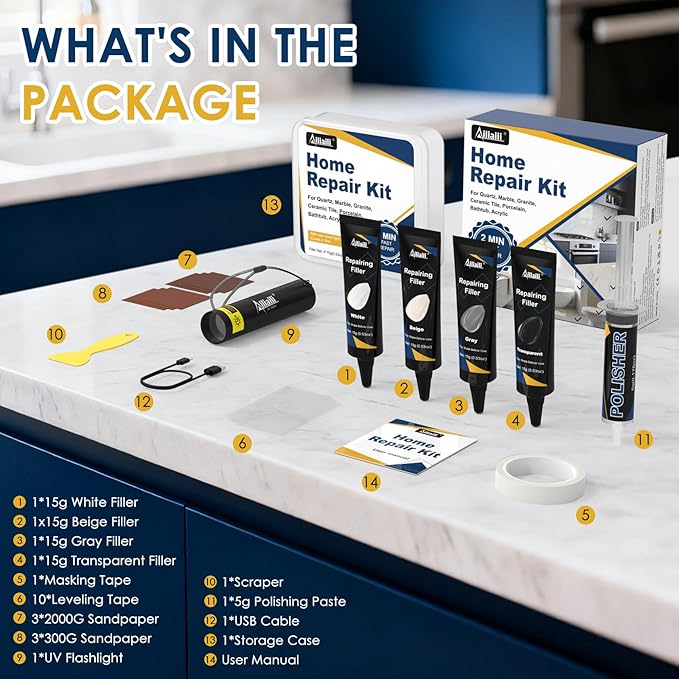 Quartz Countertop Repair Kit, Granite & Marble Repair Kit with 4*15g Filler(White,Beige, Gray,Clear), 30s Fast Repair Chip, Hole, Scratch, Crack on Fiberglass, Porcelain, Ceramic Tile, Bath Tub, Sink