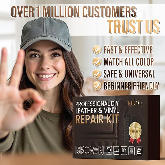 KIKYO Brown Leather Repair Kit, Faux Leather Chair & Couch Repair Kit for Furniture, Sofa, Purse, Belt, Super Easy Match Colors and Fix Scratches, Tears, Fade, Holes on PU, Genuine & Pleather