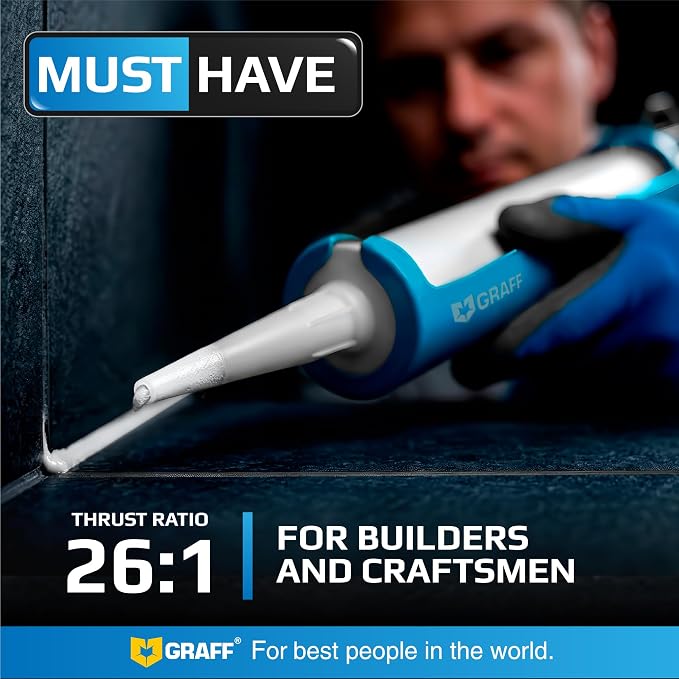 Professional Heavy-Duty Caulking Gun 26:1 Thrust Ratio, Triple Push Rod Dripless Silicone Caulk Gun with Metal Handle, Adjustable Trigger, Fits 5–10 oz Cartridges for Silicone Acrylic & Sealants GRAFF | Triple push rod system –max pressure 150–310 ml c...