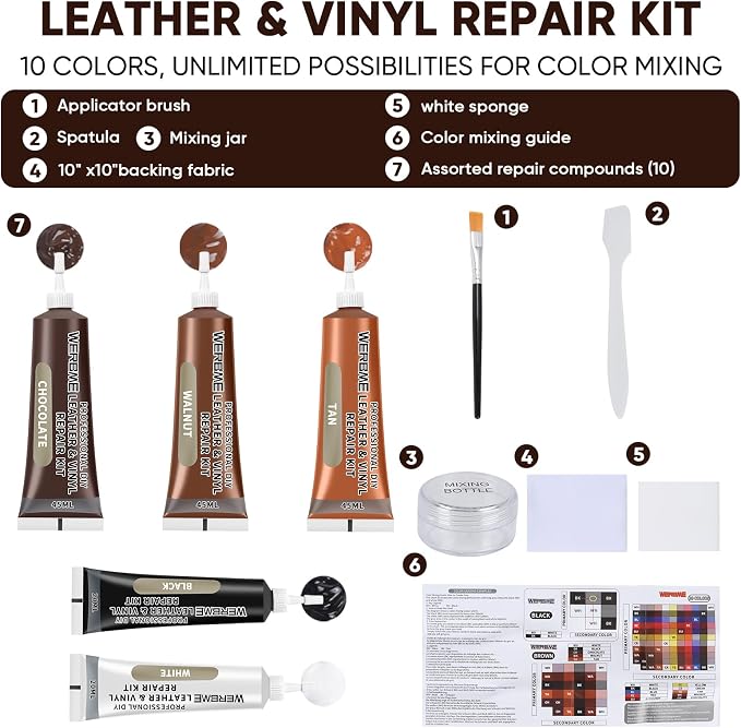 Leather & Vinyl Repair Kit, DIY Color Repair for Cracks,Scratches, Brown | Blendable Colors; Flexible Formula; Strong Adhesion; Smooth Finish; Fast Drying; Long-Lasting Repair