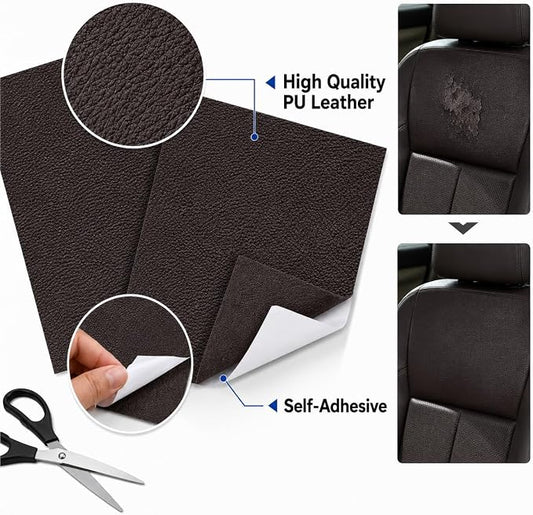 2PCS 8×4 Inch PU Leather Patch for Car Seat Repair, Self-Adhesive Leather Repair Patch Tape for Vinyl Leather Upholstery, Car Seat Furniture Repair Kit (Deep Coffee)