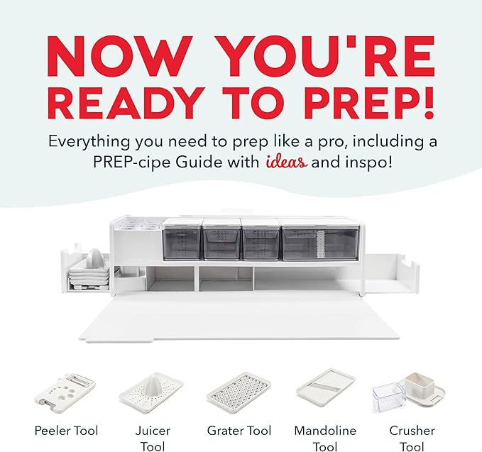 Prepdeck Gen 2 Recipe Prep & Storage Station - 8 Essential Tools + Deluxe Cutting Board, 14 Plastic Containers + Super-Seal Lids, Removable Trash Compartments, Tablet Stand Included - White Stone