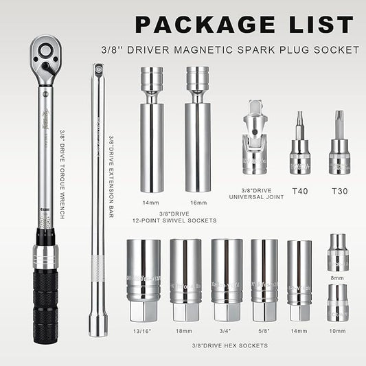 AEROFORCE 14PCS 3/8-Inch Drive Swivel Magnetic Spark Plug Socket Set with 3/8'' Torque Wrench (5-45 Lb.ft/6.8-61.2 Nm), Universal Joint & Extension Bar - Durable CR-V Steel for Easy Spark Plug Removal