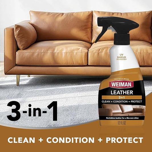 Weiman Leather Cleaner & Conditioner - Cleans, Restores & Protects Leather, UV Protection Prevent Cracking & Fading, Auto, Sofas, Shoes, Bags & All Finished Leather Surfaces, 1 Pack, 12 Fl Oz