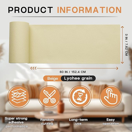 Fadoub Leather Repair Patch, 3 x 60In Self Adhesive Leather Repair Tape Kit for Furniture, Couch, Sofa, Office, Car Seats, Car Interior,Vinyl Repair Kit (Beige)
