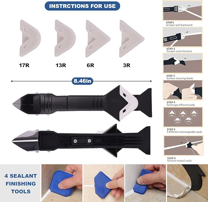 Professional 3-in-1 Silicone Caulking Tool Set, Sealant Finishing Tools with Replaceable Scraper Heads, Multiple Angle Grout Remover for Bathroom Kitchen Window Sink Joints