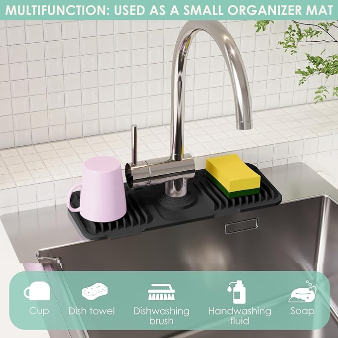 24 Inch Silicone Faucet Mat for Kitchen Sink Splash Guard - 7Β° Slope Water Draining Mat With Fasten Button for Bathroom Area (Black, 14.6''x5.5'')