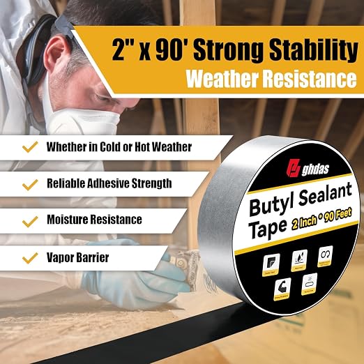 Bghdas - 1 Pack Butyl Sealant Tape 2" X 90' - Double Sided - Black Vapor Barrier Butyl Tape for Wall of Crawl Space, Rv Windows, Deck Boat, Crawlspace (Waterproof, Weatherproof)