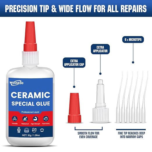 WOUSEDO Ceramic Glue 2 x 30g, Waterproof & Heat-Resistant Instant Adhesive | High-Strength & Clear, Fast Curing Super Glue for Porcelain, Clay Pots, Figurine, Pottery, Dishes Repair, DIY Crafts.