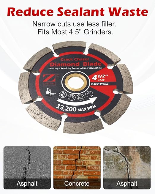 ZORUNNA 4.5" Diamond Crack Chaser Blade, 3/8" Wide Heavy-Duty Concrete & Asphalt Grinding Wheel for Crack Repair, Fits Angle Grinder with 7/8" Non-Threaded Arbor.