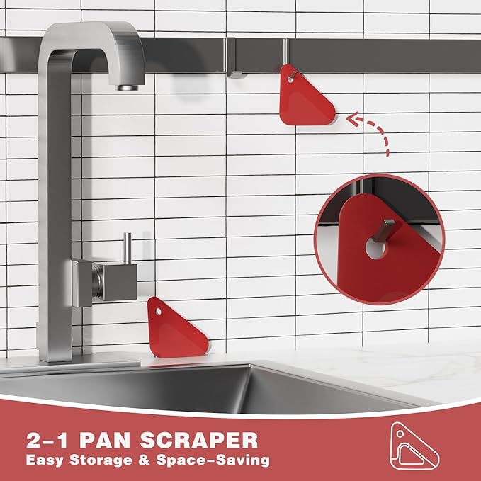 Food Scraper, 2-in-1 Pot and Pan Dish Scraper, Nylon and Silicone, Kitchen Scraper Tools for Cast Iron Skillets, Cookware, Dishes, Pans and Pots, Heat Resistant, Set of 3 - Red
