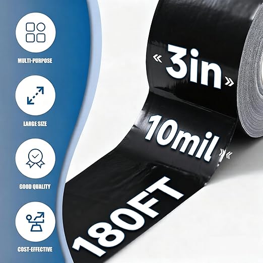 Outdoor Waterproof Repair Tape, Heavy Duty UV Proof Patch for RV, Awning, Tent, Tarp, Boat Cover and Fabric Repair, Black 3 in x 180 ft