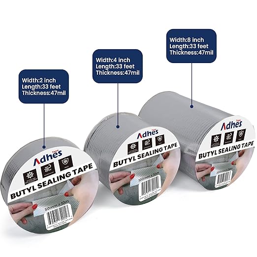 Adhes Butyl Sealing Tape 4 inch x 33feet x 8Rolls, Waterproof Rubber Adhesive Repair Tape for Roof, Window, RV, Pipe, Gutter & Leak Fixing – Weatherproof & UV Resistant