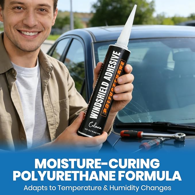 Calvana Urethane Windshield Adhesive 310ml and Caulk Gun Kit, Automotive Polyurethane Sealant, Hand Caulking Guns, Car Glass Chip & Crack Repair Kit with Sealant Tools Grout Scraper, Black