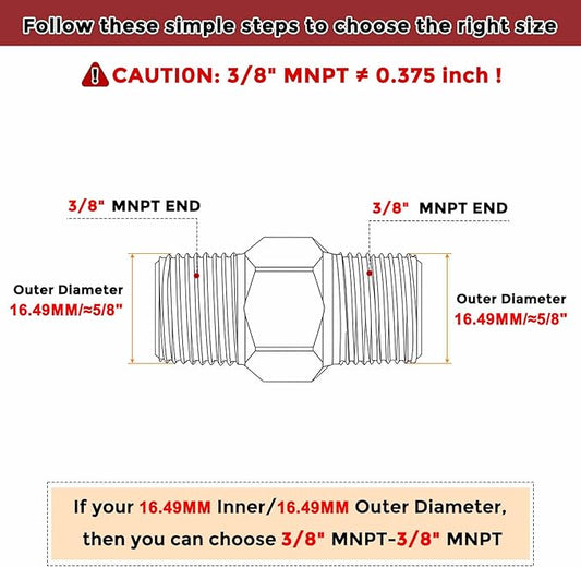 Pack of 10, 3/8" MNPT To 3/8" MNPT Solid Brass Hex Nipple Hose Connectors W/Sealing Tapes, Male Pipe Adapter for Pipe Leak Repair, Bathroom Remodeling, Tool Extension, Compression