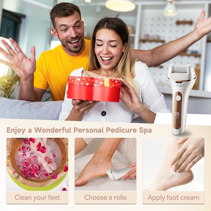Electric Foot Callus Remover Rechargeable Pedicure Kit with 3 Roller Heads 2 Speed IPX6 Waterproof Foot File Pedicure Tools Professional Foot Care for Dead Cracked Dry Skin White