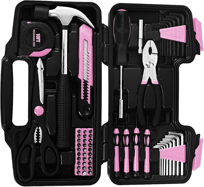 58-Piece Pink Home Tool Set | Basic Household Hand Kit for Women Girls Ladies | All Purpose Small Tool Kit with Storage Toolbox for Home Repair DIY