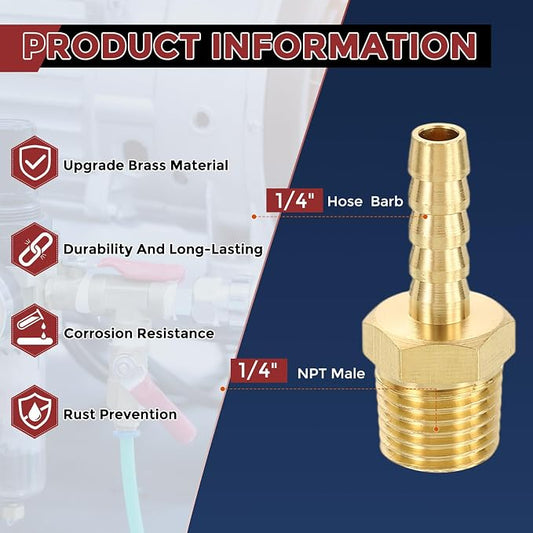Pack of 12 Brass Hose Barb Fittings 1/4" Hose Barb to 1/4" NPT Male Fittings with 12pcs Stainless Steel Hose Clamps for Home Machines, Massage Bathtubs, and Irrigation Systems