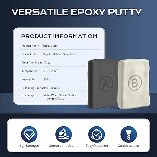 Boncart Epoxy Putty, 200g Epoxy Repair Filler, Multi-Purpose 2 Part Filler, Pool Putty, Sculpt Clay, High Strength, Waterproof, Drillable, for Filling, Bonding, Sculpting (Grey)