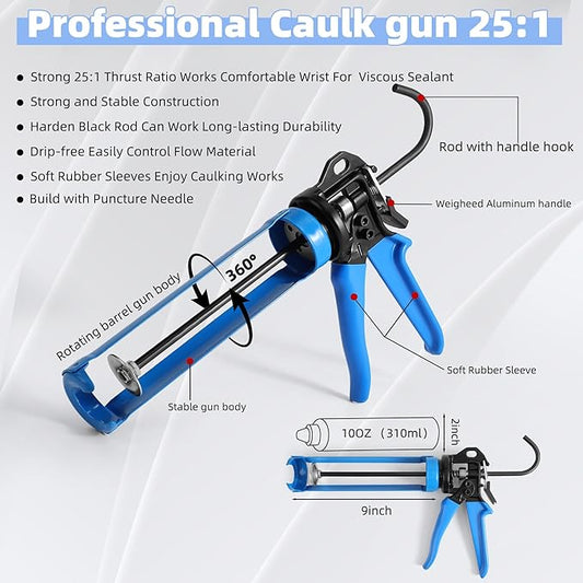 PRO Caulk Gun Kit Heavy Duty Silicone Caulking Gun Thrust Ratio 25:1 No-drip Rotating Barrel and Caulking Tools,Sealant Tools Grout Scraper For Kitchen Bathroom Sink Joint,With Gift Box