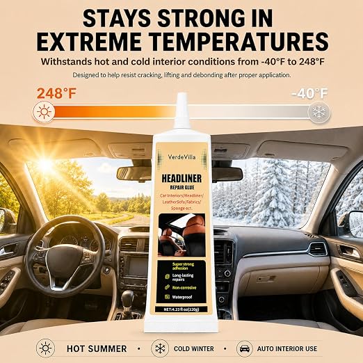 Headliner Repair Glue, Car Headliner Adhesive with Brush, Car Roof Liner Fabric Adhesive, Upholstery Glue for Cars,Headliner Repair Kit, Suitable for Automotive interiors, Fabric, Leather