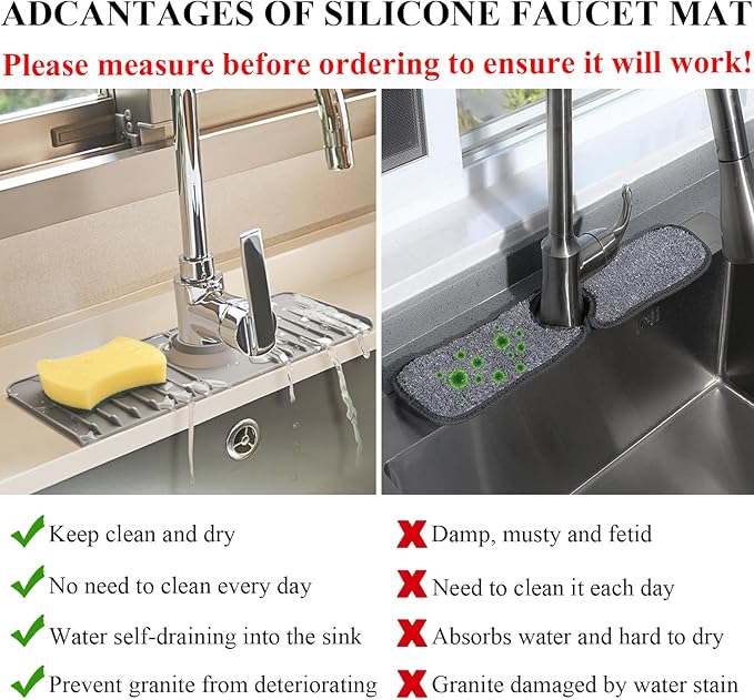 YATOISUR Sink Splash Guard 14.4” x 5.4” - Sink Faucet Mat with Faucet Water Catcher Mat & Soap Dish & Sponge Holder 3 in 1 - Silicone Faucet Handle Drip Catcher Tray for Kitchen RV & Bar Faucet, Grey