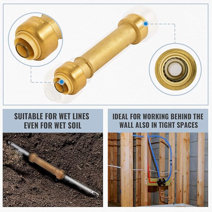SUNGATOR 1/2 Inch Slip Coupling, Fatest Way for Emergency Repair and Leaks Fix, No Lead Brass Push-to-Connect Plumbing Fittings for PEX Pipe, Copper, CPVC, PE-RT, With 1 Disconnect Clip, Pack of 6