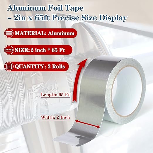 2roll Aluminum Foil Duct Tape(2 inch x 65 Feet, 3.9 mil), Insulation Adhesive Metal High Temperature Heavy Duty Waterproof HVAC Tape, Silver for Ductwork, Dryer Vent, HVAC, Sealing