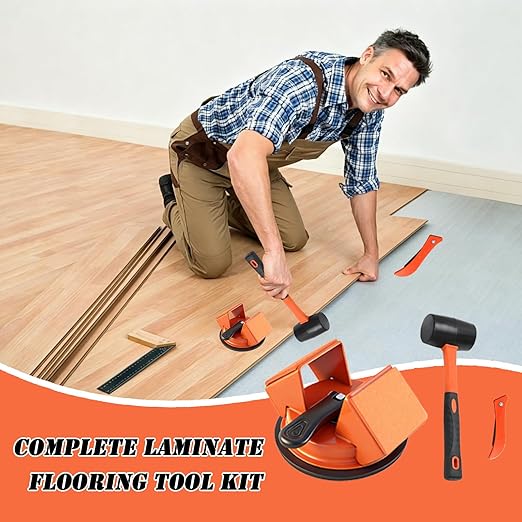 Floor Gap Fixer Tool with Rubber Hammer & Adhesive Pads, Laminate Vinyl Flooring Suction Cup Repair Tool for Closing Floor Gaps, Professional Flooring Installation Kit (Orange)