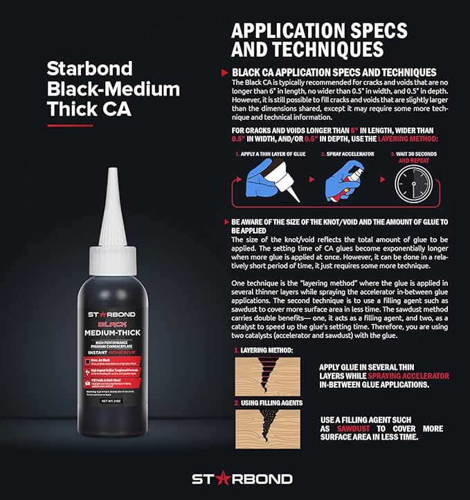 Starbond Black Medium-Thick CA Glue Complete Refill Kit (16 oz) – Rubber-Toughened, Impact-Resistant Cyanoacrylate Super Glue – for Knot Filling, Crack Repair, Woodworking, Guitar, Hobby & RC Projects