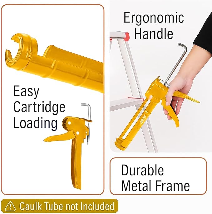 ADAK - Professional Caulking Gun, 10:1 Thrust Ratio, Caulking Gun No Drip, Hand Tool for Silicone & Sealant Application, Smooth Pressure Caulk Gun, Caulking Gun Tool (Yellow)