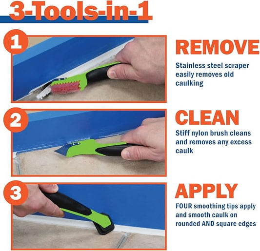 Warner Manufacturing 3-in-1 Caulk Tool for Easy Removal and Application, Scraper, Brush and Applicator,Green