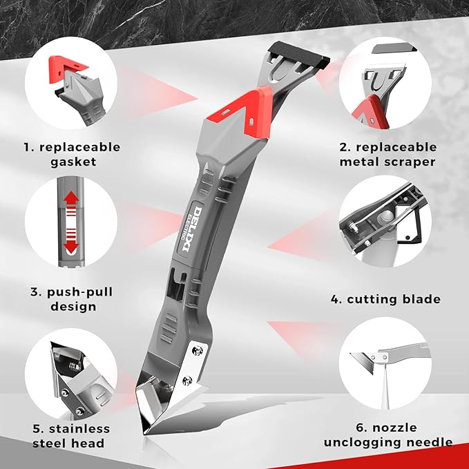 5 in 1 Caulking Tool with 5 Silicone Pads and 4 Glass Glue Corner Scrapers, Caulk Remover Tool with Replacement Blades and Unclogging Needle, Caulking Removal Tool for Kitchen Bathroom