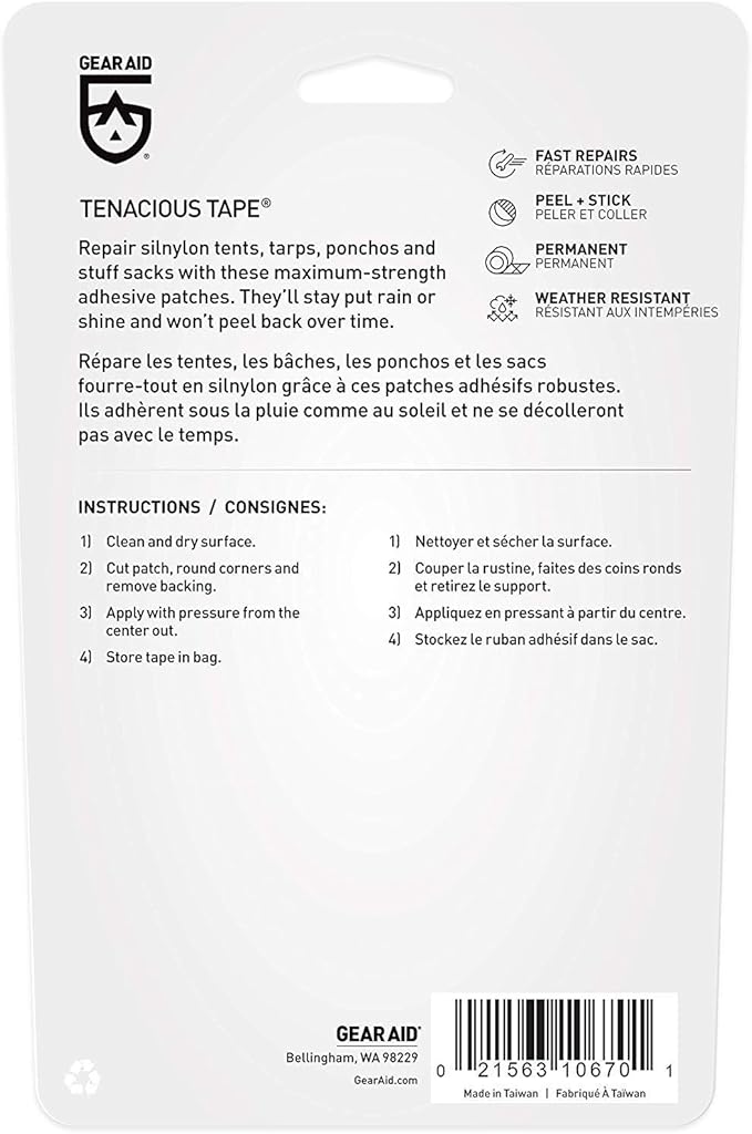 GEAR AID Tenacious Tape Silnylon Patches for Silicone Tent and Tarp Repair, 3”x5”
